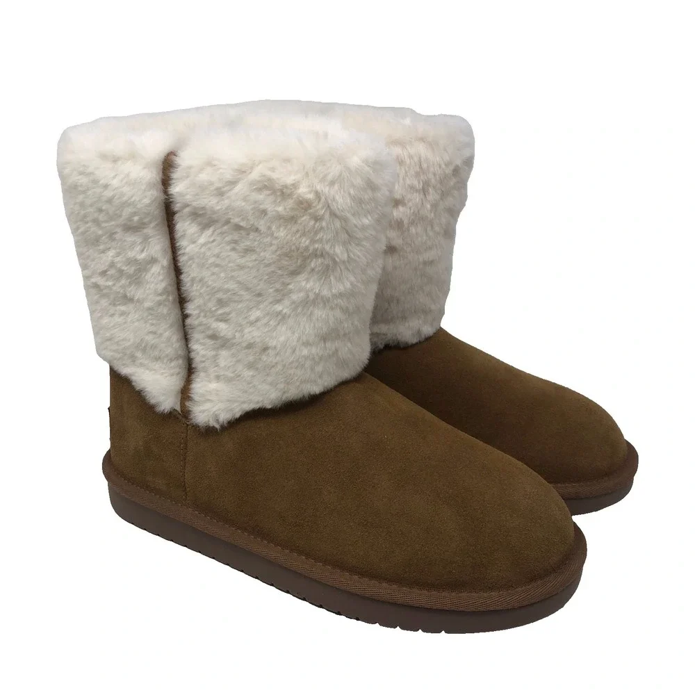 Koolaburra Bugg‎ Aubrei Short Boot Chestnut Beige Suede Faux Fur Lined Girls 4
